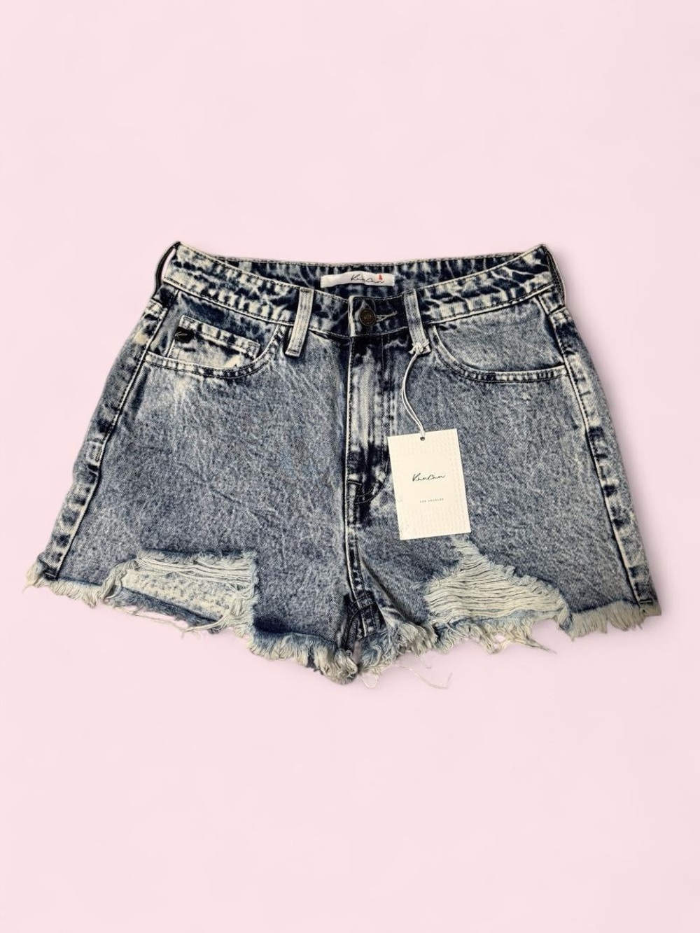 KanCan Acid Wash Distressed Jean Shorts - Light Gray Blue